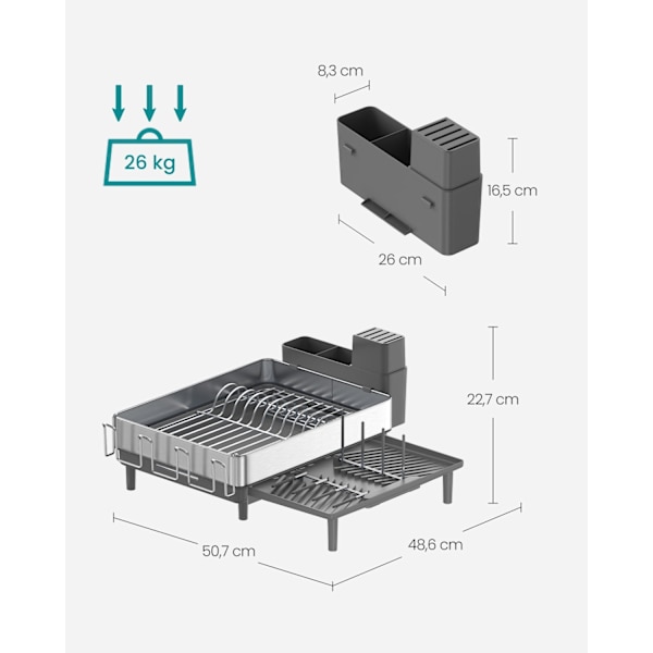 Rootz diskställ - Silvergrå - Rostfritt stål - Plast - 26 kg Kapacitet - (31,7-50,7) x 48,6 x 22,7 cm - Lättvikt 1,8 kg