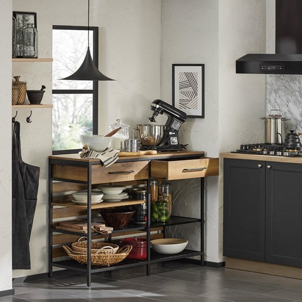 Rootz Kitchen Island - Keittiön hylly - Lipasto - Baaripöytä - Vintage-tyyli - Tilava säilytystila, 5 lokeroa ja 2 laatikkoa - Tukeva metallirunko - S