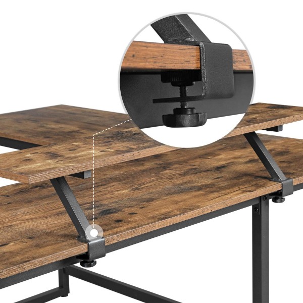 Rootz L-format skrivbord med skärmstativ för att studera, spela, arbeta - Justerbara ben - Metallram - Rustik brun - (140 x 130 x 76/91,5 cm)