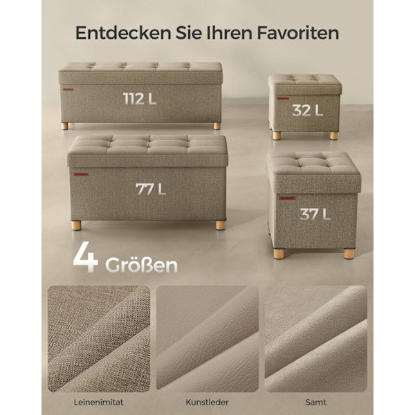 Rootz Seat Chest Ottoman - Förvaringslåda - Fotstöd - MDF-tyg - 25D-skum - 38cm x 38cm x 40cm - Camel Brown - 37L Kapacitet