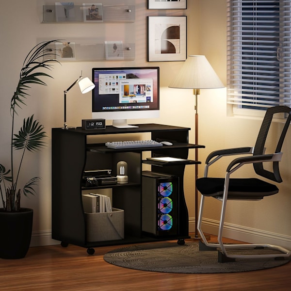 Rootz Rollbar computertabel - skrivebord med opbevaring - mobil arbejdsstation - rigelig opbevaringsplads - 80 x 48 x 75 cm, sort