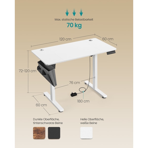 Rootz elektrisk stående skrivebord - Højdejusterbart skrivebord - Sit Stand-skrivebord - Spånplade og stål - 60 cm x 120 cm x 120 cm - Sky hvid