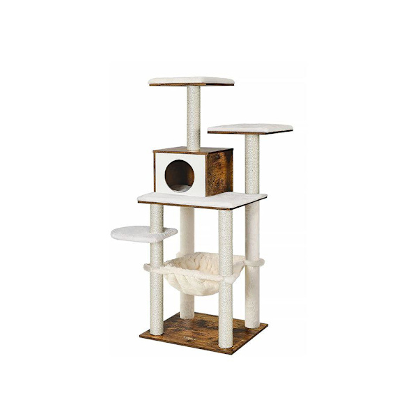 Rootz Cat Tree - Modern Cat Tree - Skrapstolpe - Katttorn - Kattmöbler - Kattskrapträd - Kattlekstuga - Modernt kattträd - Spånskiva - Brun - 55 x 45
