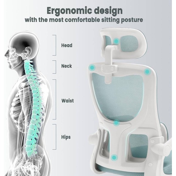 Rootz Ergonomic Office Chair - Mesh Skrivbordsstol - Svankstöd - Gungfunktion - Justerbart nackstöd - 62cm x (116-123,5)cm x 69,5cm