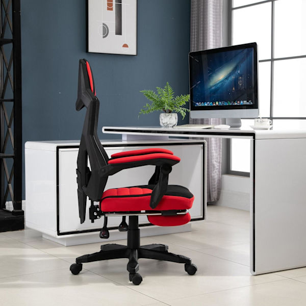 Nancy's Piqua Gamestoel - Draaistoel - Voetstøtte - Mesh - Verstelbaar In Hoogte - 58 x 72 x 108-118 cm - Sort - Rood