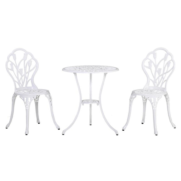 Rootz 3-delat trädgårdsbordsset - Bistroset - Bord - Stol - snidat trädesign - Aluminium - Vit - Ø60 x 67H cm