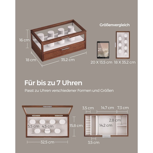 Rootz Coffee Brown Urkasse - Smykkeorganisering - Opbevaringsetui - Massivt træ - Akryl - MDF - Stor kapacitet - Elegant design - Beskytter ure - 18 c