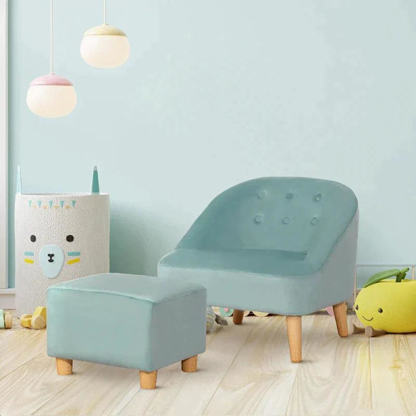 Rootz Fåtölj - Barnfåtölj - Med ottoman - För 3 till 5 år Barn - Söt design - Sammetslook Fåtölj - Grön - 51 cm x 51 cm x 50 cm