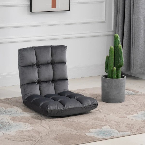 Rootz Fåtölj - Gästmadrass - Golvstol - Justerbart ryggstöd - Velourlook - Sittdyna - Grå - 55 cm x 71 cm x 53,5 cm