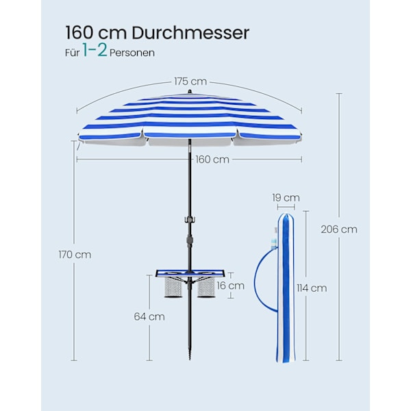 Rootz Säädettävä Parasol - Auringonpohja - Ulkon sateenvarjo - Korkeus säädettävä - 160 cm x 158-206 cm - sinivalkoinen