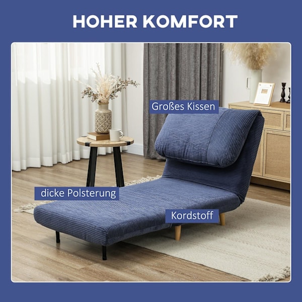 Rootz 2 -i -1 sovende lænestol - gæsteseng - konvertibel sofa - justerbar nakkestøtte - pladssparer - 82 cm x 89 cm x 83 cm - Blå