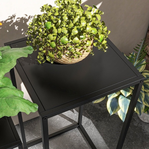 Rootz Set med 2 blomsterställ i industriell stil - Växtställ - Svart stål - Tvåvånings - Elegant heminredning - 25 cm x 25 cm x 58,5 cm, 31 cm x 31 cm