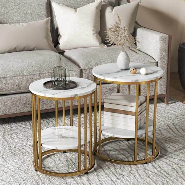 Rootz 2 -bitar Set Round Side Table - kaffebord - marmorutseende - Dubbel lagringsutrymme - Ø45 x 55H cm & Ø40 x 50,5H cm