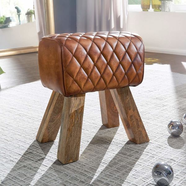 Rootz pall äkta läder - massivt trä 40x48x27 cm Modern fotpall - Turnbock läderpall brun - Liten pall Klädd träpall med läderöverdrag