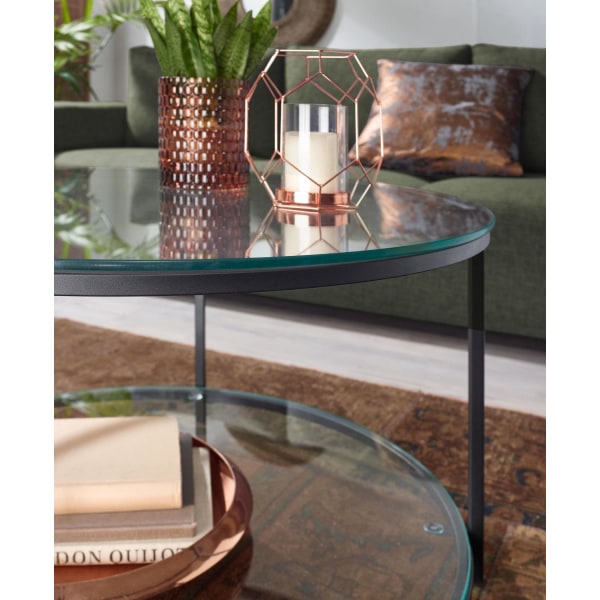 Rootz sofabord 80x80x45 cm glas - metal stuebord rundt moderne - Sofabord med opbevaringsplads - Loungebord med opbevaringsrum - Sofabord sidebord
