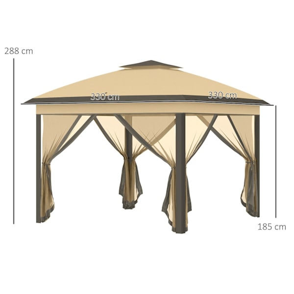Rootz Folding Gazebo - Garden Gazebo - Metal Pavilion - Mesh Gardiner - Dräneringssystem - 330L X 330W X 288H CM - Brunt