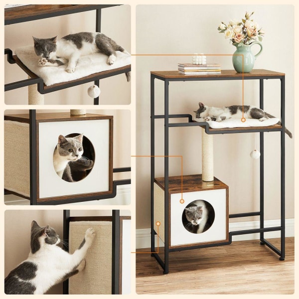 Rootz Skrapstolpe - Kattskrapstolpe - Cat Tree Skrapstolpe - Golvstående skrapstolpe - Katthus - Skrapstolpe med hylla - Vintage Brun - 74 x 34 x 114