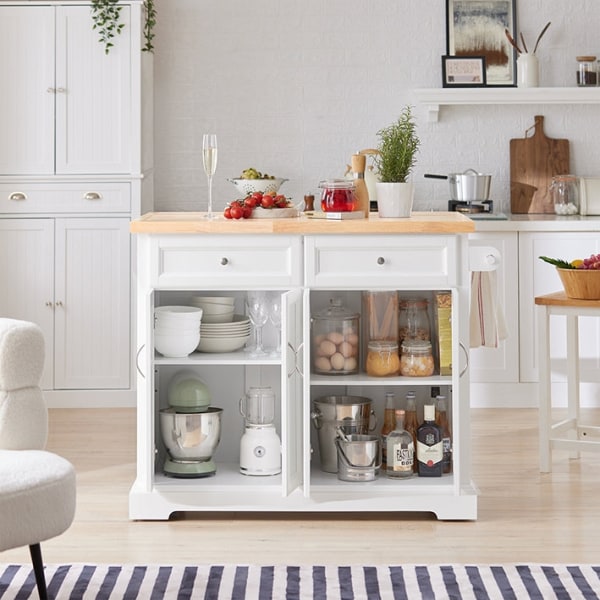 Rootz Kitchen Island Trolley - Expanderbar bänkskiva - Köksskåp - Förvaringsorganisator - Högkvalitativt trä och MDF - Handduksställ - 115cm x 92cm x