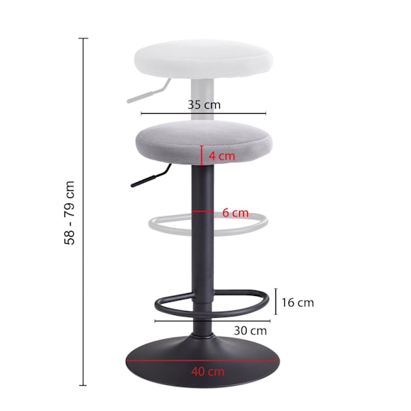 Rootz barstol fløjl mørkegrå skammel uden ryglæn 58 - 79 cm - Køkkentaburet stof - metal 100kg - Design barstol counter skammel roterende bistro tabur