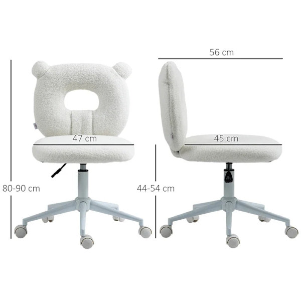 Rootz Kontorsstol - Skrivbordsstol - Justerbar i höjdled - Teddypäls - Teddy Fleece - 100% Polyester - Stål - Vit - 50 Cm X 56 Cm X 90 Cm