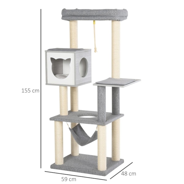 Rootz Scratching Cat Tree Climbing - Grå, Hvid - Spånplade, Sisal, Plys - 23,22 cm x 148,89 cm x 61,02 cm