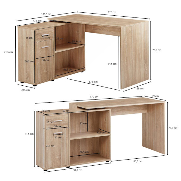 Rootz design -kulmapöytä hyllyllä Sonoma 120 x 75,5 x 106,5 cm - Moderni toimistopöytä Tietokonepöytätyöpöytä - Kulmapöytä kotitoimisto