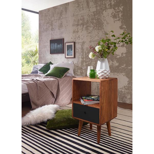 Rootz retro yöpöytä - Sheesham-puinen yöpöytä laatikolla tummanruskea - musta Design Yöpöytä 40 x 35 x 70 cm - Iso yöpöytä