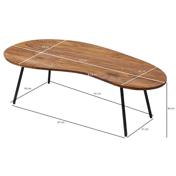 Rootz Design soffbord 122x36x63 cm Sheesham med metallben Svart - Njurbord Massivt trä Grå - Träbordsben Metall - Coolt massivt träbord - Bord Platt M