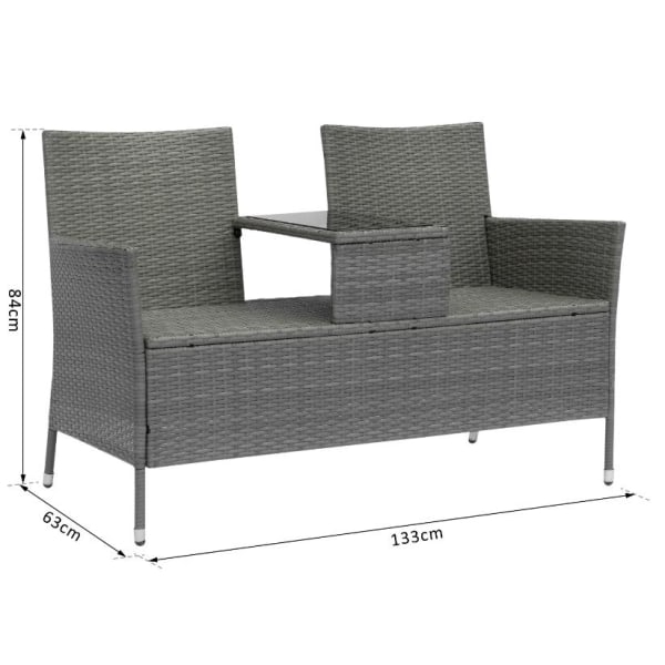 Rootz Trädgårdsbänk - Trädgårdsstolar - 2-Sits Bänk - Bord - Polyrattan - Flätad - Flätning - Stål - Grå - 133 x 63 x 84 cm