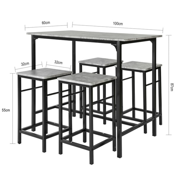 Rootz 5-delade barbordsset - Barstolar - Matsalsset - Robust metallstomme - MDF-fanerskiva - Hög lastkapacitet - 100 cm x 87 cm x 60 cm bord, 32 cm x