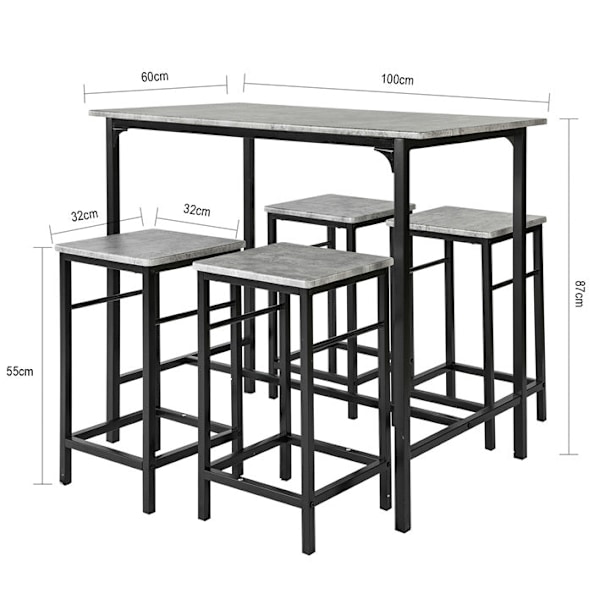 Rootz 5-delt barbordssæt - Barstole - Spisestuesæt - Robust metalstel - MDF finerplade - Høj belastningskapacitet - 100 cm x 87 cm x 60 cm Bord, 32 cm