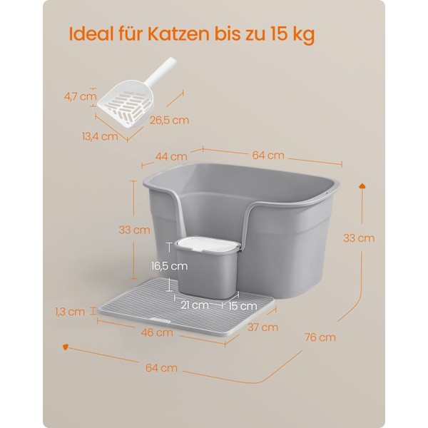 Rootz Cat kattlåda - Kitty kattlåda - Högsidig kattlåda - PP plast - 64cm x 76cm x 33cm