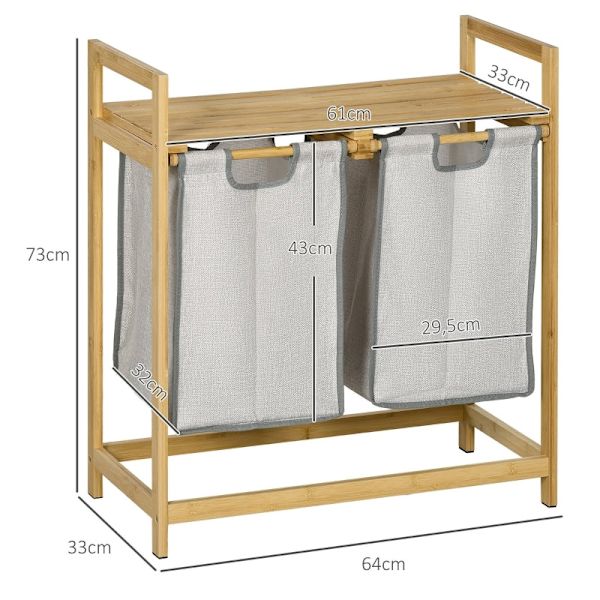 Rootz Laundry Collector kahdella tilavalla korilla - Pyykinlajittelija - Bamburunko - Ylähyllyt - 64cm x 33cm x 73cm