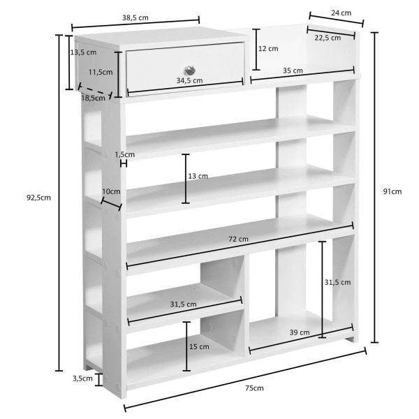 Rootz design skohylde 75 x 92,5 x 24 cm hallhylde hvid - Høj hylde med 7 rum - Hylde med skuffe