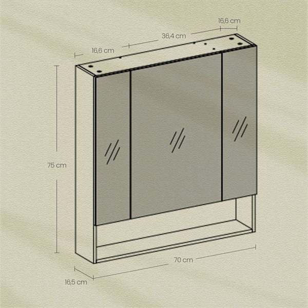 Rootz badeværelse skab med 3 døre - Mirror Cabinet - Badeværelsesopbevaring - Rumbesparende design - 16,5 cm x 70 cm x 75 cm