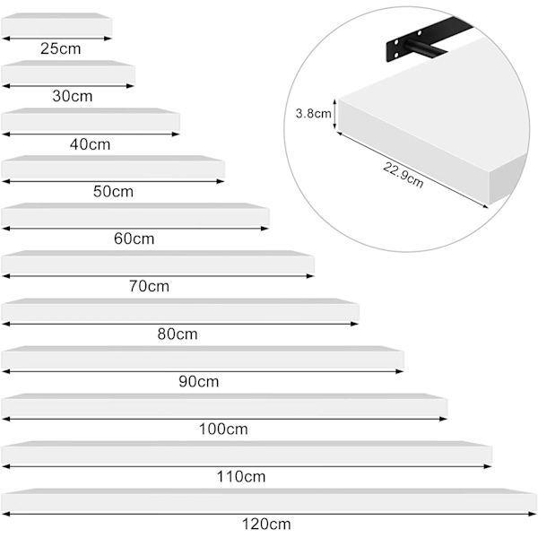 Rootz Sæt med 3 væghylder - Displayhylder - Opbevaringshylder - Holdbar MDF & PVC finer - Fugtbestandig - Nem installation - Alsidig brug - Flere læng