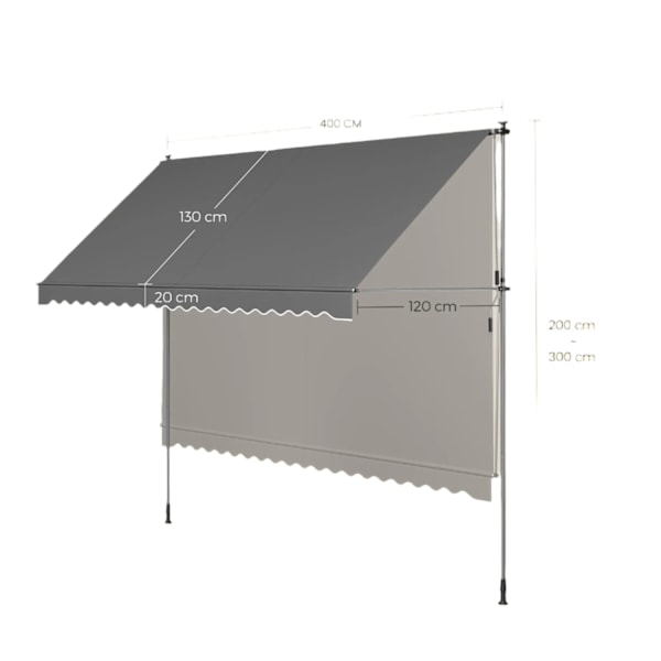 Rootz Clamp Balcony Awisning - Justerbar markis - Grå utdragbar tak - Pulverbelagd stål - 250 x 120 cm - Höjd: 220-300 cm