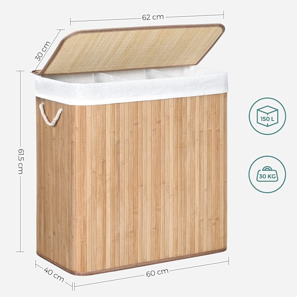 Rootz Bamboo Vasketøjskurv - Beskidte tøj-kurv - Naturligt materiale - Høj stabilitet - Metalramme - 60 cm x 40 cm x 61,5 cm
