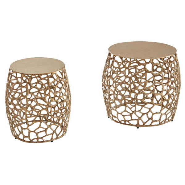 Rootz sidebord sæt med 2 aluminium guld design redeborde metal runde - Stue bord, sofabord, grenstruktur, moderne - 2-delt sofabord stue