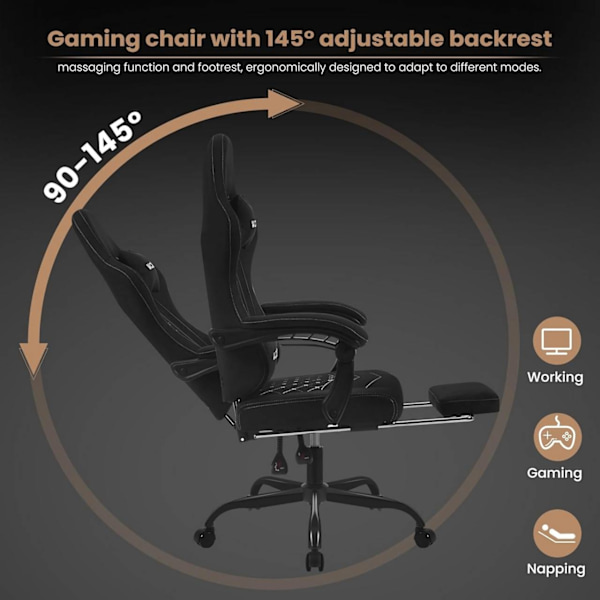 Rootz Massage Gaming Stol - Lændestøtte - Liggende funktion - Ergonomisk design - Bredt polstret sæde - 64 cm x 127 cm x 54 cm