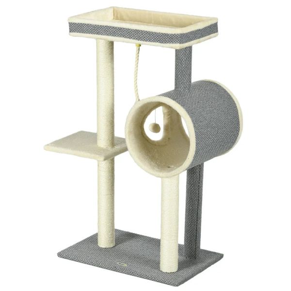 Rootz Cat-kradsestolpe - 1 Kattehule - 2 liggeflader - Spånplade - Plys - Imiteret linned - Grå + Natur - 60 cm x 40 cm x 104 cm