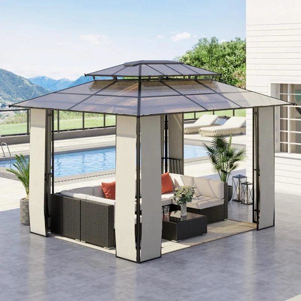 Rootz Havepavillon - Lysthus med solsejl - Lavet af polykarbonatpaneler - UV-beskyttelse - Vandafvisende - Robust - Brun + Lysegrå - 3,65 x 3 x 2,75 m