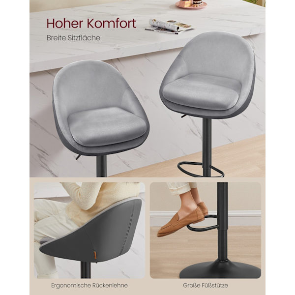 Rootz 2 korkeussäädettävän baarijakkaran setti - Dove harmaa ja mustemusta - sametti ja PU-nahka - metallirunko - 52,5 cm x 50 cm x (97,5-108,5) cm