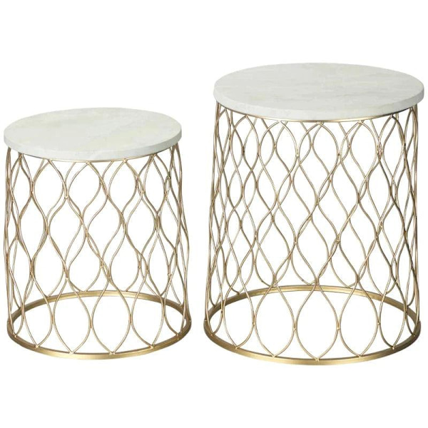 Rootz Terrassebord - Havebord - Sidebord - Sofabord - Marmor & Guldeffekt - Stål - Guld/Hvid - 41 x 46cm & 35 x 38,5cm