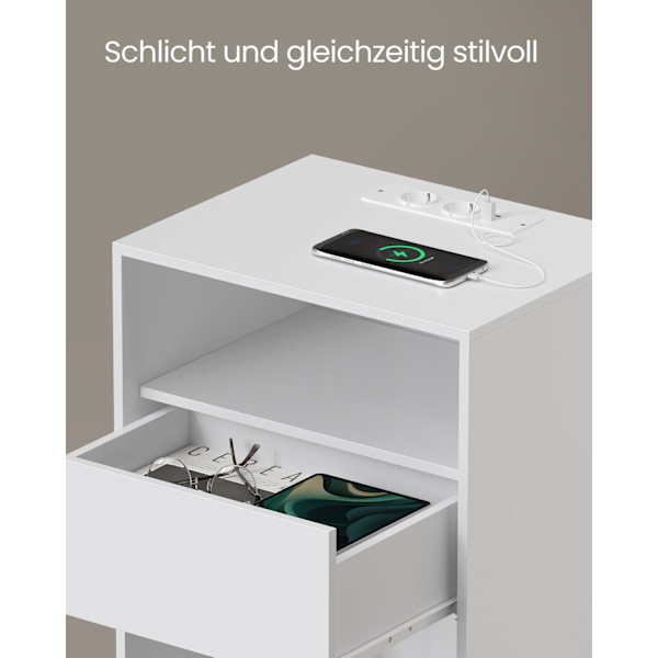 Rootz sengebord med opladningsfunktion - Natbord - Skuffe - Mat hvid - Spånplademateriale - 35 cm x 45 cm x 58,3 cm - 11,6 kg