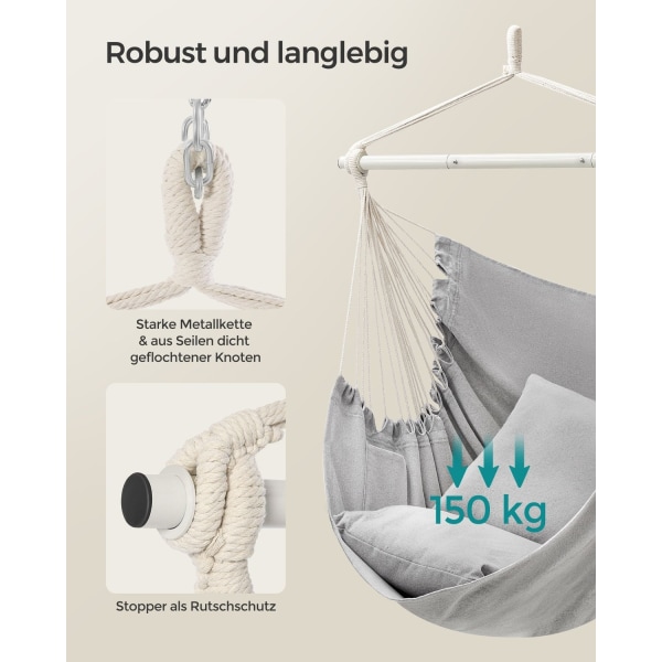 Rootz Hængestolesæt - Gyngestol - Hængekøjestol - Polyester-bomuldsblanding - Stålstang - Duegrå - 140 cm x 150 cm x 128 cm - 3,4 kg - 150 kg Kapacite