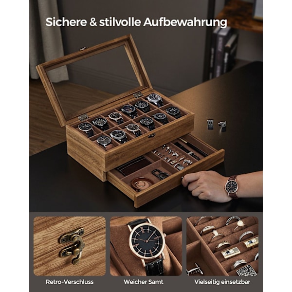 Rootz Watch Box - Organizer - Förvaringsväska - Massivt valnötsträ - 30cm x 20cm x 8cm