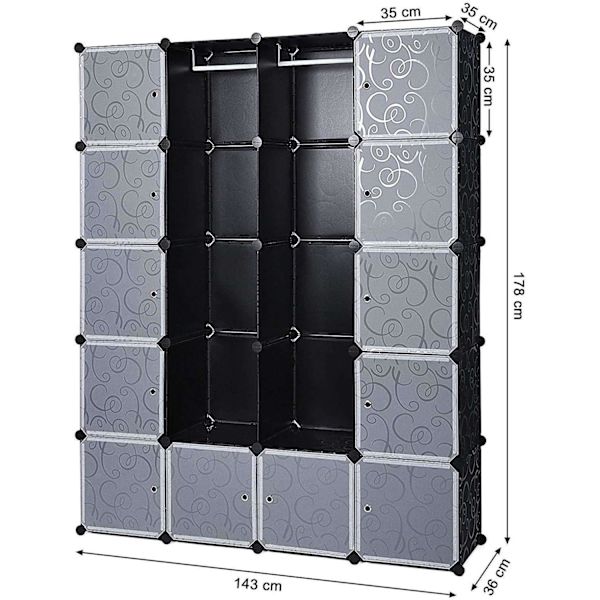 Rootz Vaatekaappi Click System - 14 lokeroa - Muovi - Vaatteet - Vaatekaappi ripustuskiskoilla - 143 x 36 x 178 cm