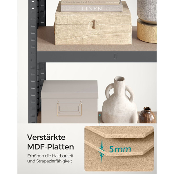 Rootz Grey Opbevaringsstativ - Reol - Metalstativ - Galvaniseret stål - MDF - Heavy Duty - 30 cm x 75 cm x 150 cm - 9,3 kg - 130 kg Hyldekapacitet - 6