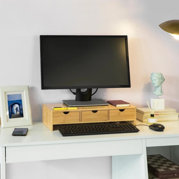 Rootz Bamboo Monitor Stand Computer Screen- Monitor Stand Monitor Riser Desk Organizer med 3 skuffer